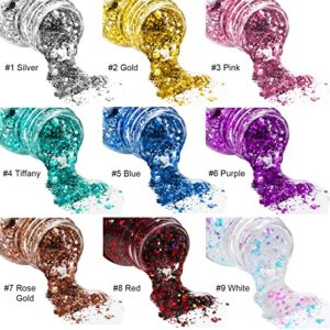 Body Glitter Gel Pack of 2 Bottle, Long Lasting Holographic Face Glitter Gel for Hair, Body, Nail, Waterproof 9 Color Liquid Glitter Body Makeup fo Women (#6 Purple & #9 White)