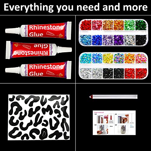 Rhinestone Glue Clear with Rhinestones for Crafts Clothing Clothes, Bedazzler kit with Rhinestones Flatback for Tumblers Fabric Shoes, Rainbow Colorful Flat Back Rhinestones Crystals Gems Rinestones