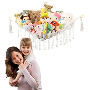 stuffed animal hammock, double-n macrame toy hammock toy storage hammock plush corner net tassels boho hammock organizer display net for nursery bedroom kids room, christmas gift