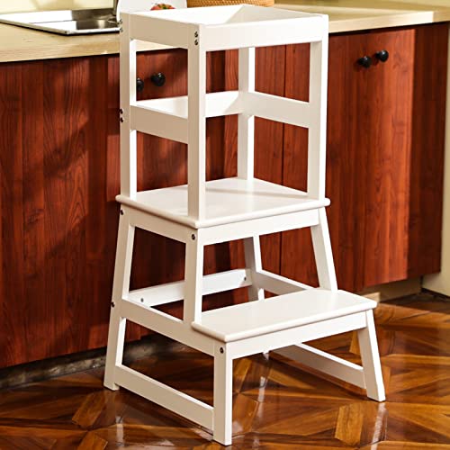 Kids Kitchen Step Stool with Safety Rail,Wooden Toddler Standing Tower for Kitchen Counter, Kids Montessori Stool, Solid Wood Construction,White