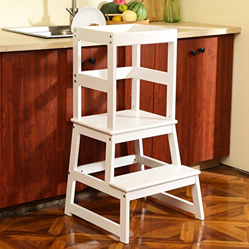 Kids Kitchen Step Stool with Safety Rail,Wooden Toddler Standing Tower for Kitchen Counter, Kids Montessori Stool, Solid Wood Construction,White