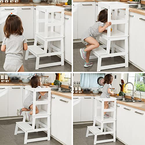 Kids Kitchen Step Stool with Safety Rail,Wooden Toddler Standing Tower for Kitchen Counter, Kids Montessori Stool, Solid Wood Construction,White