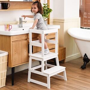 Kids Kitchen Step Stool with Safety Rail,Wooden Toddler Standing Tower for Kitchen Counter, Kids Montessori Stool, Solid Wood Construction,White