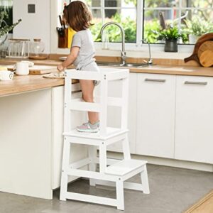 Kids Kitchen Step Stool with Safety Rail,Wooden Toddler Standing Tower for Kitchen Counter, Kids Montessori Stool, Solid Wood Construction,White