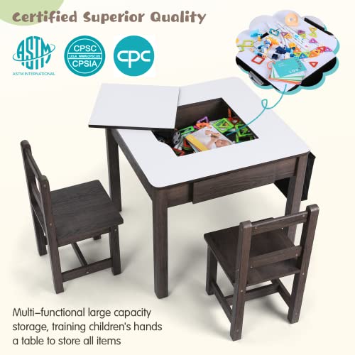 Cowiewie 3PCS Toddler Table & Chair Set Kids Wooden Activity Desk & 2 Chair Set with Storage 2 Drawers for Child Arts & Crafts,Snack Time,Homeschooling,Homework(Building Blocks Mat as Gift Included)