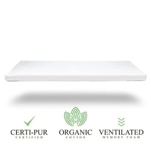 Organic Cotton Crib Topper | CertiPUR-US Ventilated 2-Inch Memory Foam Mattress Pad for Standard Baby Crib Toddler Bed w/Washable Waterproof Cover, Soft Padding, Nonslip Bottom, Travel Strap | 52x27