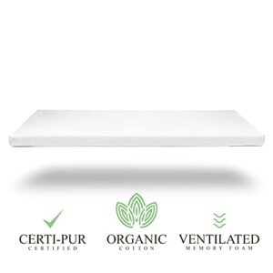 Organic Cotton Pack n Play Topper | CertiPUR-US Baby Mattress Pad for Portable Toddler Bed & Playard w/Washable Waterproof Cover, Soft Ventilated Foam Padding, Nonslip Bottom, Travel Strap | 26x38x2”