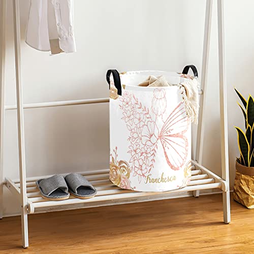 Personalized Laundry Basket, Pink Rose Butterfly Fairy Girl Custom Storage Bins Laundry Hamper with Name Collapsible Toys Organizer