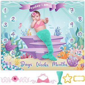 6 pcs mermaid baby monthly milestone blanket daily weekly monthly fleece with 2 frames for newborn baby shower, 47 x 39 inches and mermaid outfit baby photo props headband bra tail, aquamarine