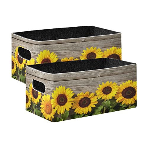 Emelivor Fall Sunflowers Yellow Storage Basket Bins Set (2pcs) Felt Collapsible Storage Bins with Fabric Rectangle Baskets for Organizing for Nursery Toys,Kids Room,Clothes,Towels,Magazine