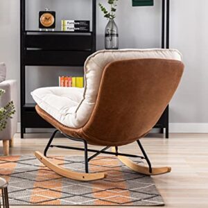 Kmax Rocking Chair Nursery Tufted Accent Glider Chair with Tufted Linen Fabric Cushion PU Leather Base for Baby Nursery Bedroom Living Room, Cream