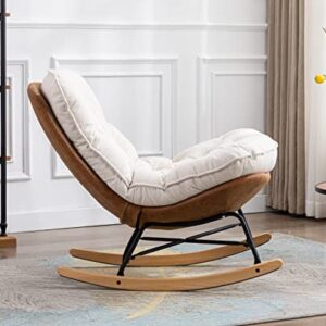 Kmax Rocking Chair Nursery Tufted Accent Glider Chair with Tufted Linen Fabric Cushion PU Leather Base for Baby Nursery Bedroom Living Room, Cream