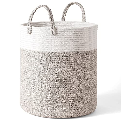 NamRamo Blanket Basket Living Room 13.8" x 13.8" x 15.8", Large Basket Baby Toy Basket, Cotton Rope Laundry Basket with Handle, Tall Rope Basket, Woven Storage Basket, White & Ooatmeal Hamper