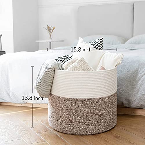 NamRamo Blanket Basket Living Room 15.8" x 15.8" x 13.8", Large Basket Baby Toy Basket, Cotton Rope Laundry Basket with Handle, Rope Basket, Woven Storage Basket, White & Brown Hamper