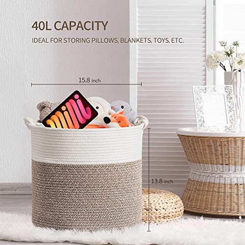 NamRamo Blanket Basket Living Room 15.8" x 15.8" x 13.8", Large Basket Baby Toy Basket, Cotton Rope Laundry Basket with Handle, Rope Basket, Woven Storage Basket, White & Brown Hamper