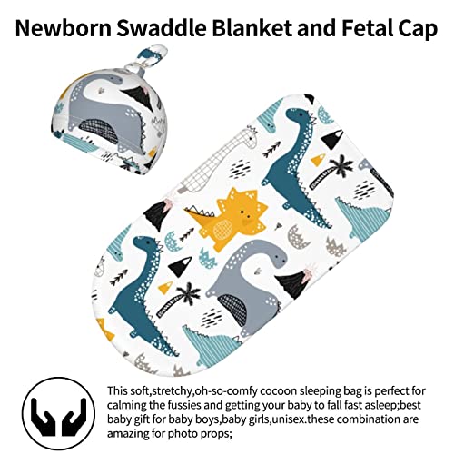 Dinosaur Baby Stuff Swaddle Receiving Blanket with Hat Set Dinosaur Swaddles Up New Born Soft Transition Sleep Sacks for Infant Boys Girls(0-6Mth)