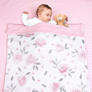 PHF Minky Baby Blanket for Girls, 30x40 Inches Soft Double Layer Baby Blankets with Dotted Backing, Receiving Blanket Bed Throws for Newborn, Infant, Babies, Floral