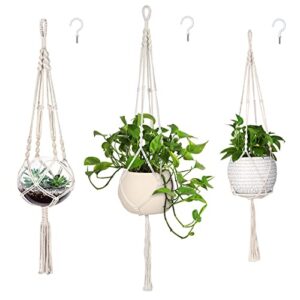 mipon 3 pack macrame plant hanger indoor hanging planter for plants holder with 3 hooks, different size for boho home decor,ivory