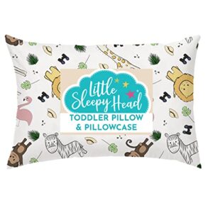 toddler pillow with toddler pillowcase - soft hypoallergenic - best pillow for kids! better neck support and sleeping! better naps in bed, a crib, or at school! makes travel comfier! (safari)