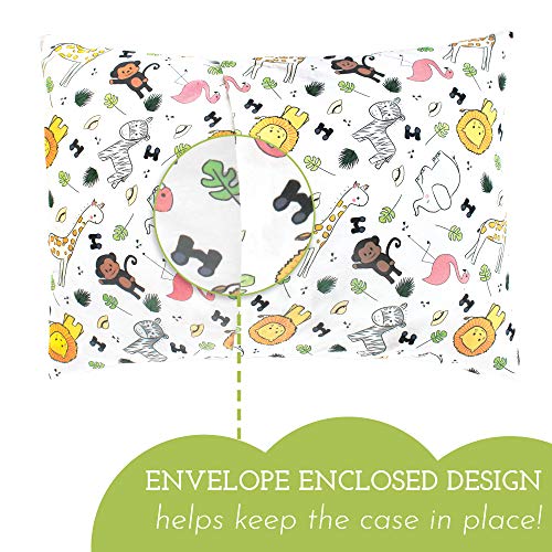 Toddler Pillow with Toddler Pillowcase - Soft Hypoallergenic - Best Pillow for Kids! Better Neck Support and Sleeping! Better Naps in Bed, a Crib, or at School! Makes Travel Comfier! (Safari)