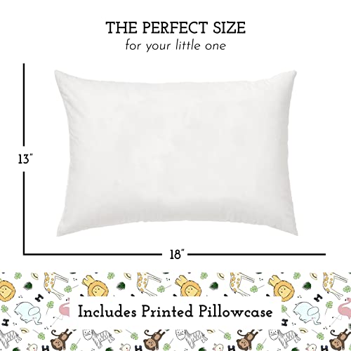 Toddler Pillow with Toddler Pillowcase - Soft Hypoallergenic - Best Pillow for Kids! Better Neck Support and Sleeping! Better Naps in Bed, a Crib, or at School! Makes Travel Comfier! (Safari)