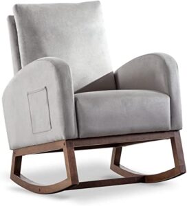 rocking chair nursery glider rocker chair high backrest upholstered velvet accent armchair with side pocket for living room bedroom office (grey)