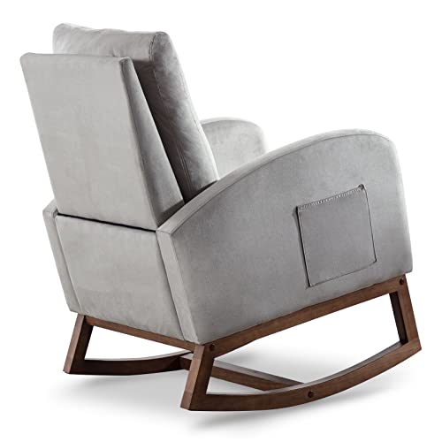 Rocking Chair Nursery Glider Rocker Chair High Backrest Upholstered Velvet Accent Armchair with Side Pocket for Living Room Bedroom Office (Grey)