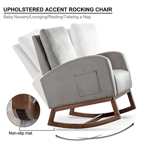 Rocking Chair Nursery Glider Rocker Chair High Backrest Upholstered Velvet Accent Armchair with Side Pocket for Living Room Bedroom Office (Grey)