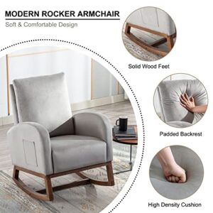 Rocking Chair Nursery Glider Rocker Chair High Backrest Upholstered Velvet Accent Armchair with Side Pocket for Living Room Bedroom Office (Grey)