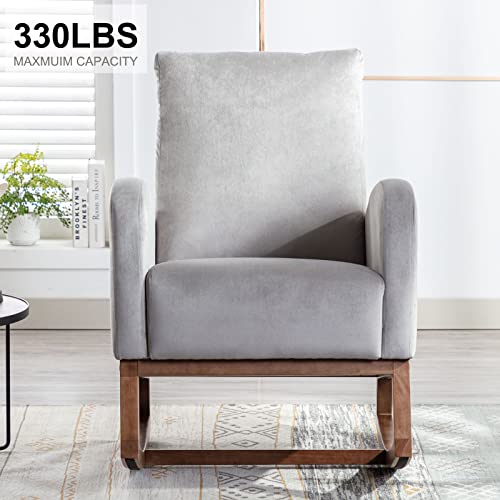 Rocking Chair Nursery Glider Rocker Chair High Backrest Upholstered Velvet Accent Armchair with Side Pocket for Living Room Bedroom Office (Grey)