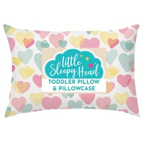 toddler pillow with toddler pillowcase - soft hypoallergenic - best pillow for kids! better neck support and sleeping! better naps in bed, a crib, or at school! makes travel comfier! (hearts)