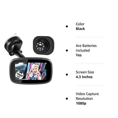 1080P Baby Car Mirror, Shybaby 4.3'' Baby Car Camera Monitor 170° Wide View, HD Night Vision Function and Reusable Sucker Bracket, Safety Rear Facing Car Set Camera Infants Kids Toddlers Black