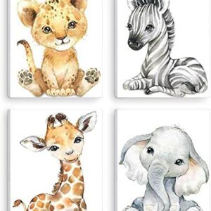 Kiddale Baby Watercolor Animals Wall Art Prints Set of 4 (8x10),Tiger Elephant Zebra Giraffe Safari Animals Pictures Nursery Decor Art,Stretched and Framed Ready to Hang