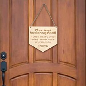 Baby sleeping sign for front door - Please do not knock or ring the bell, it upsets the dog, which upsets the baby, which upsets mom - Do not ring doorbell sign Size 6 x 5.5 (inches), Brown