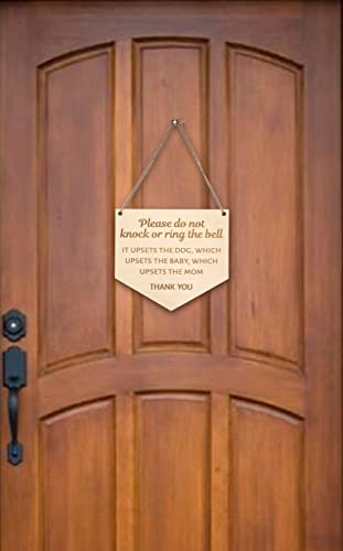 Baby sleeping sign for front door - Please do not knock or ring the bell, it upsets the dog, which upsets the baby, which upsets mom - Do not ring doorbell sign Size 6 x 5.5 (inches), Brown
