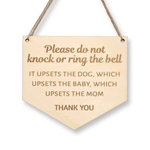 baby sleeping sign for front door - please do not knock or ring the bell, it upsets the dog, which upsets the baby, which upsets mom - do not ring doorbell sign size 6 x 5.5 (inches), brown
