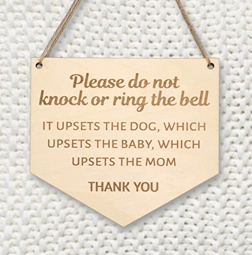 Baby sleeping sign for front door - Please do not knock or ring the bell, it upsets the dog, which upsets the baby, which upsets mom - Do not ring doorbell sign Size 6 x 5.5 (inches), Brown
