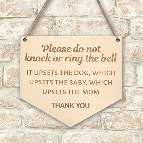 Baby sleeping sign for front door - Please do not knock or ring the bell, it upsets the dog, which upsets the baby, which upsets mom - Do not ring doorbell sign Size 6 x 5.5 (inches), Brown