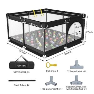 GIFTBRI Baby Playpen for Toddler, Baby Playard, Playpen for Babies with Gate,Indoor & Outdoor Playard for Kids Activity Center,Sturdy Safety Play Yard with Hand Rings(Black,50”×50”)