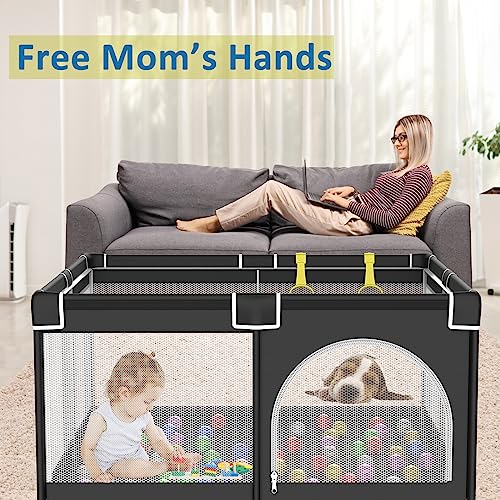 GIFTBRI Baby Playpen for Toddler, Baby Playard, Playpen for Babies with Gate,Indoor & Outdoor Playard for Kids Activity Center,Sturdy Safety Play Yard with Hand Rings(Black,50”×50”)