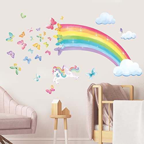 decalmile Rainbow Wall Decals Unicorn Rainbow Butterflies Clouds Wall Stickers Baby Nursery Girls Bedroom Living Room Wall Decor