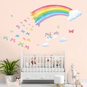 decalmile Rainbow Wall Decals Unicorn Rainbow Butterflies Clouds Wall Stickers Baby Nursery Girls Bedroom Living Room Wall Decor