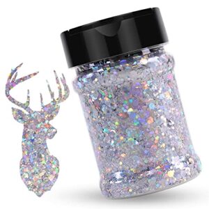htvront holographic chunky glitter, 100g silver chunky glitter for resin, 3.53oz iridescent glitter chunky mixed with fine glitter, shaker cap chunky glitter for tumbler, nail, makeup craft glitter