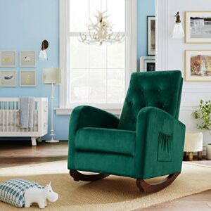majnesvon rocking chair mid-century modern nursery rocking armchair upholstered tall back accent glider rocker for living room (green + velvet)