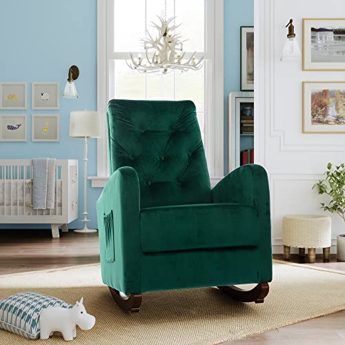 Majnesvon Rocking Chair Mid-Century Modern Nursery Rocking Armchair Upholstered Tall Back Accent Glider Rocker for Living Room (Green + Velvet)