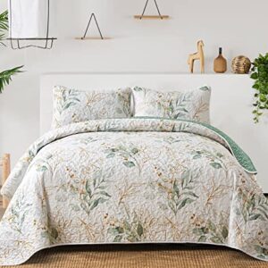 Floral Quilt Queen Size,Green Botanical Queen Quilt 3 Pieces,Reversible Soft Bedspread Queen Size for All-Season(96"x90")