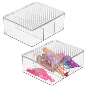 mdesign plastic stackable toy storage bin w/hinged lid, 3 divided compartments; for organizing playroom, kids' room; container for small toys, craft and school supplies + 24 labels - 2 pack - clear