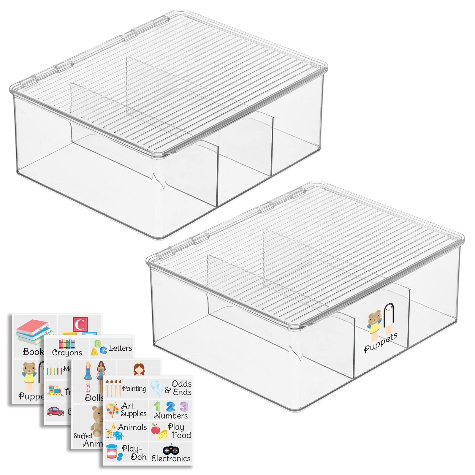 mDesign Plastic Stackable Toy Storage Bin w/Hinged Lid, 3 Divided Compartments; for Organizing Playroom, Kids' Room; Container for Small Toys, Craft and School Supplies + 24 Labels - 2 Pack - Clear