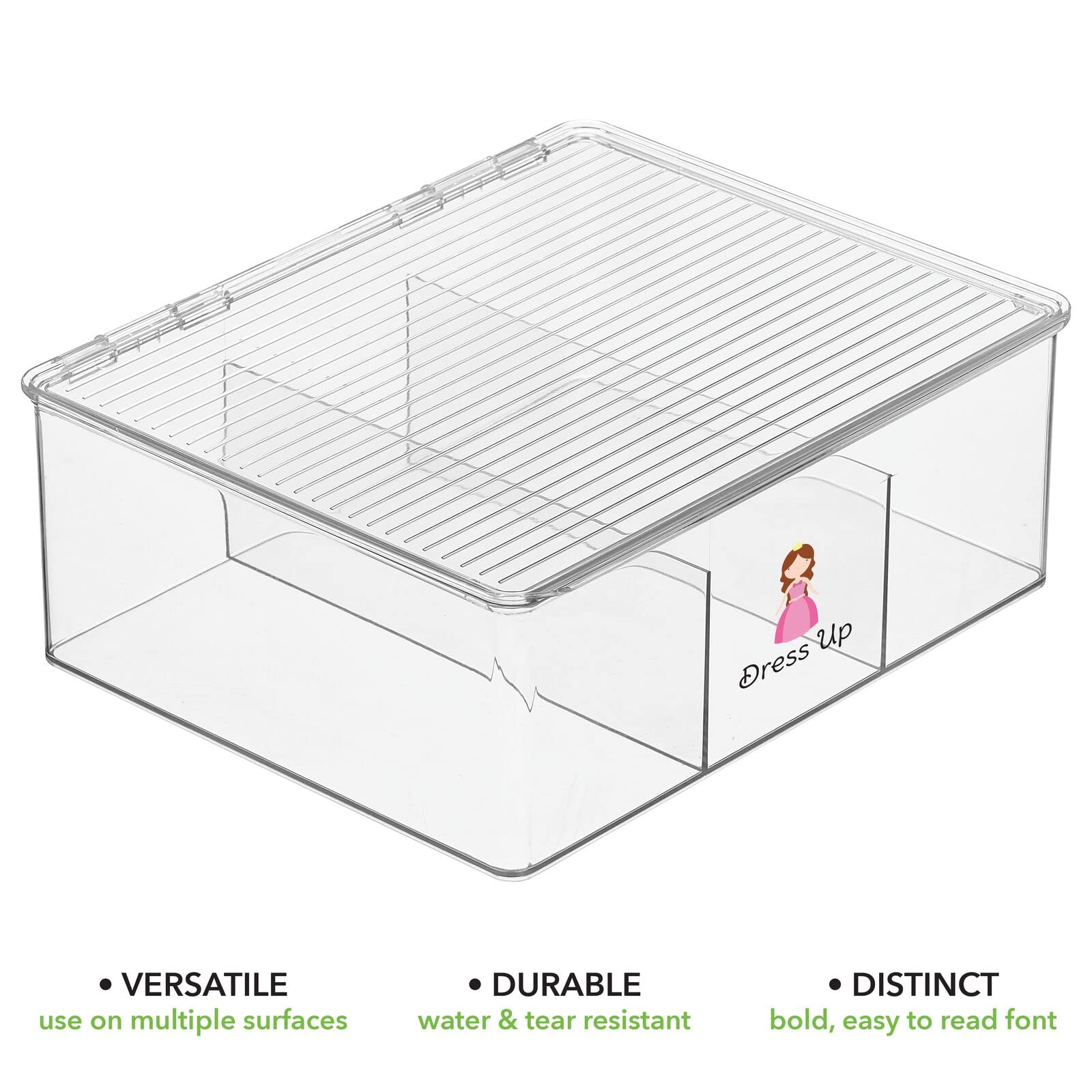 mDesign Plastic Stackable Toy Storage Bin w/Hinged Lid, 3 Divided Compartments; for Organizing Playroom, Kids' Room; Container for Small Toys, Craft and School Supplies + 24 Labels - 2 Pack - Clear