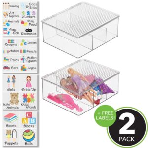 mDesign Plastic Stackable Toy Storage Bin w/Hinged Lid, 3 Divided Compartments; for Organizing Playroom, Kids' Room; Container for Small Toys, Craft and School Supplies + 24 Labels - 2 Pack - Clear